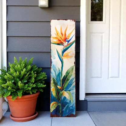 36" Off White Orange And Blue Tropical Floral Solid Wood Porch Sign HomeRoots