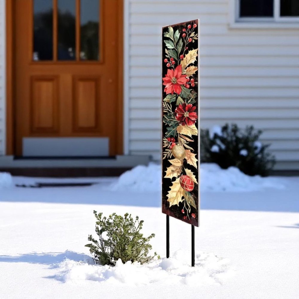 42" Black And Red Solid Wood Christmas Poinsettia Garden Stake HomeRoots