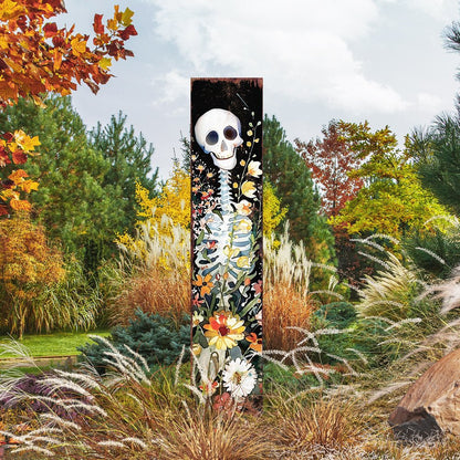 7" Black Orange And White Solid Wood Wildflowers Halloween Skeleton Garden Stake HomeRoots