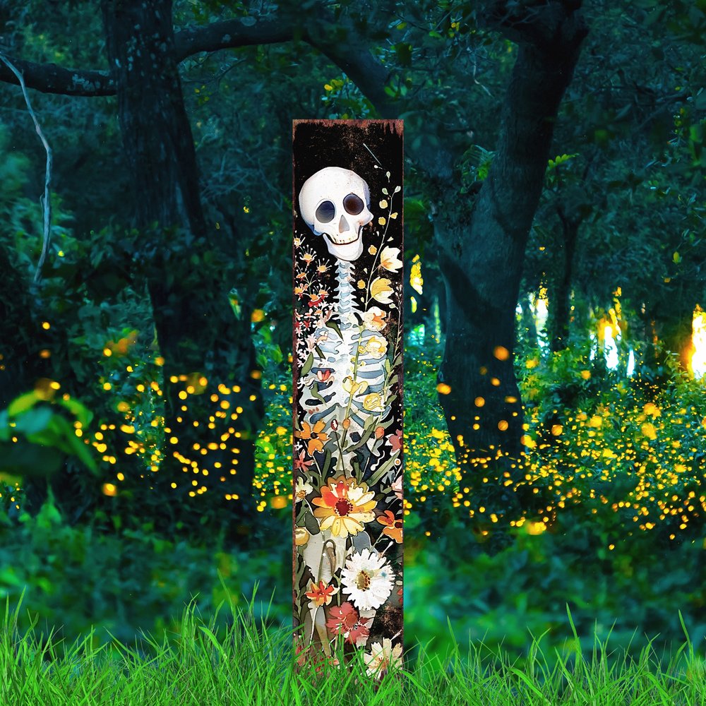 7" Black Orange And White Solid Wood Wildflowers Halloween Skeleton Garden Stake HomeRoots