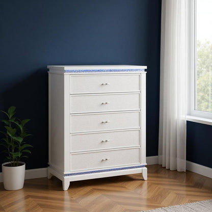 36" White Faux Crystal Glitter Wood Lighted Five Drawer Dresser HomeRoots