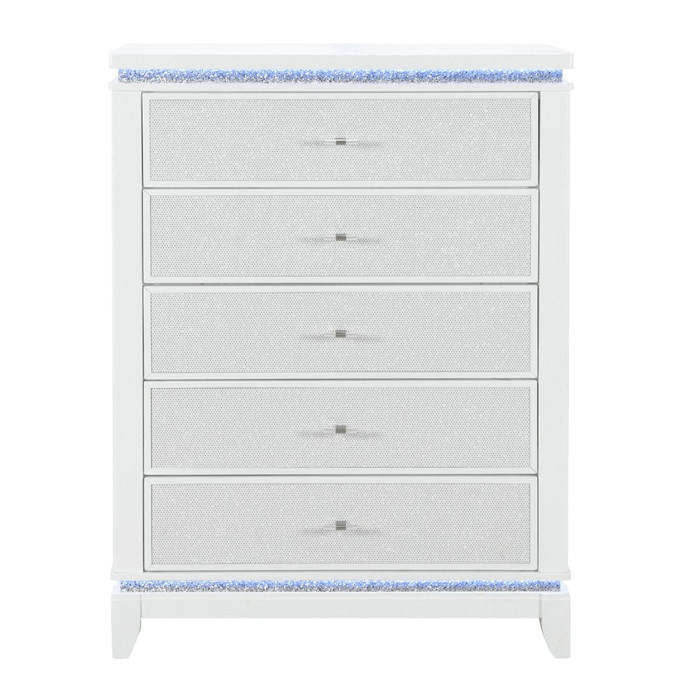 36" White Faux Crystal Glitter Wood Lighted Five Drawer Dresser HomeRoots