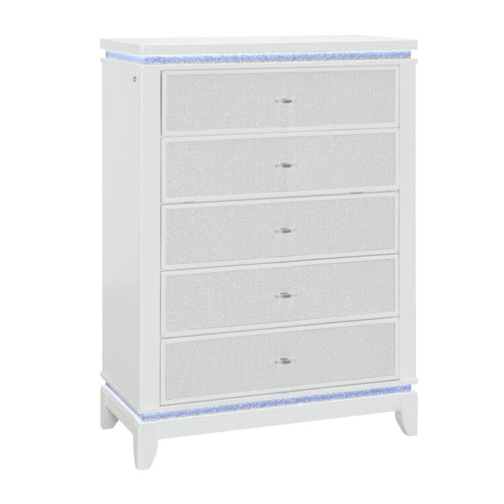 36" White Faux Crystal Glitter Wood Lighted Five Drawer Dresser HomeRoots