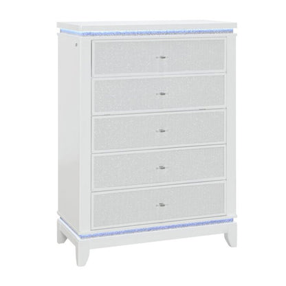 36" White Faux Crystal Glitter Wood Lighted Five Drawer Dresser