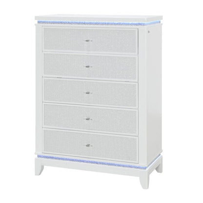 36" White Faux Crystal Bling Wood Lighted Five Drawer Dresser