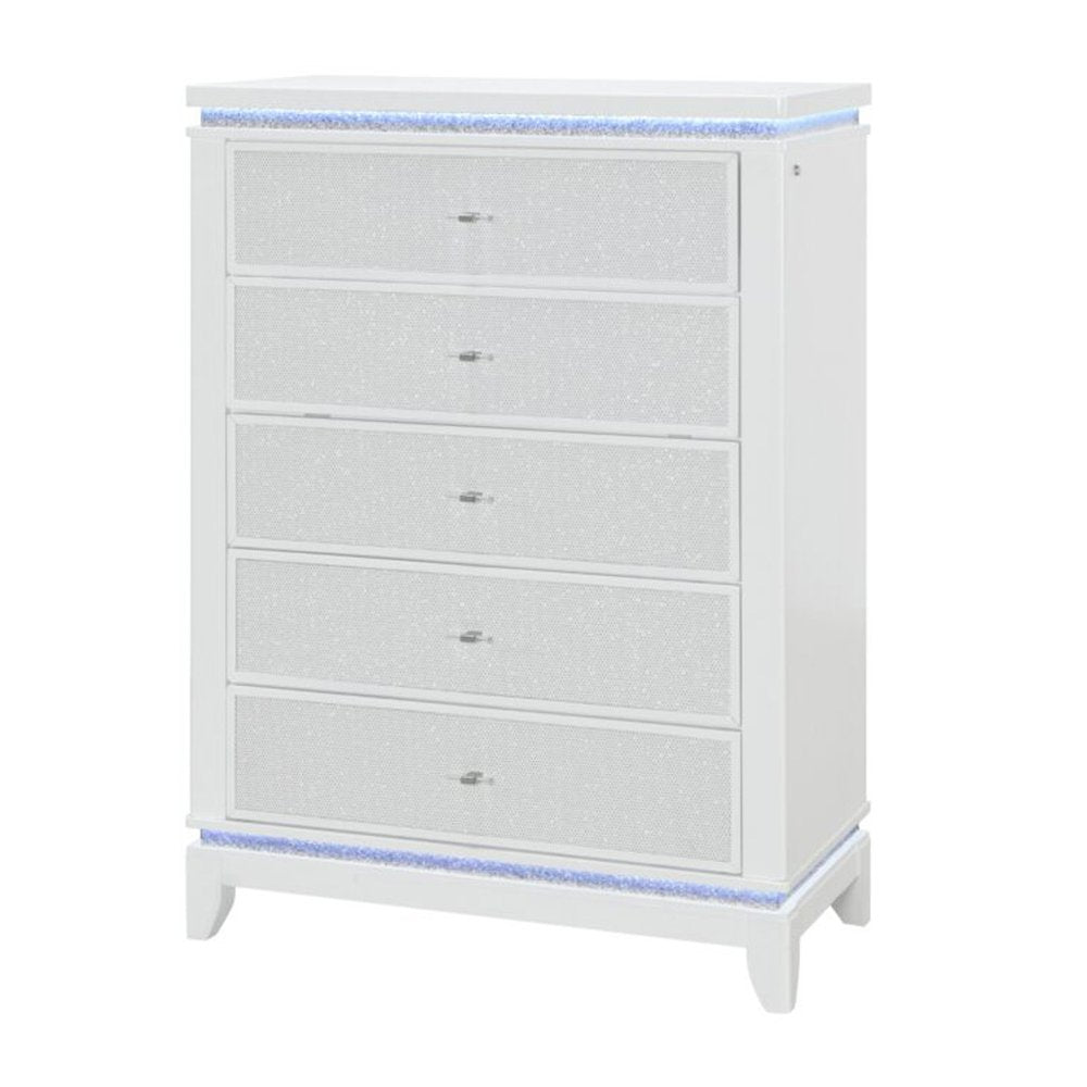 36" White Faux Crystal Glitter Wood Lighted Five Drawer Dresser HomeRoots