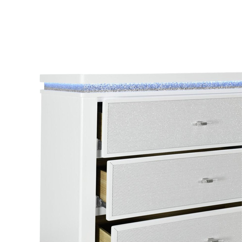 36" White Faux Crystal Bling Wood Lighted Five Drawer Dresser