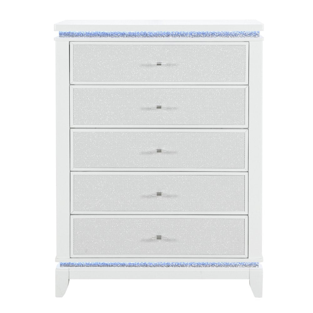 36" White Faux Crystal Glitter Wood Lighted Five Drawer Dresser HomeRoots