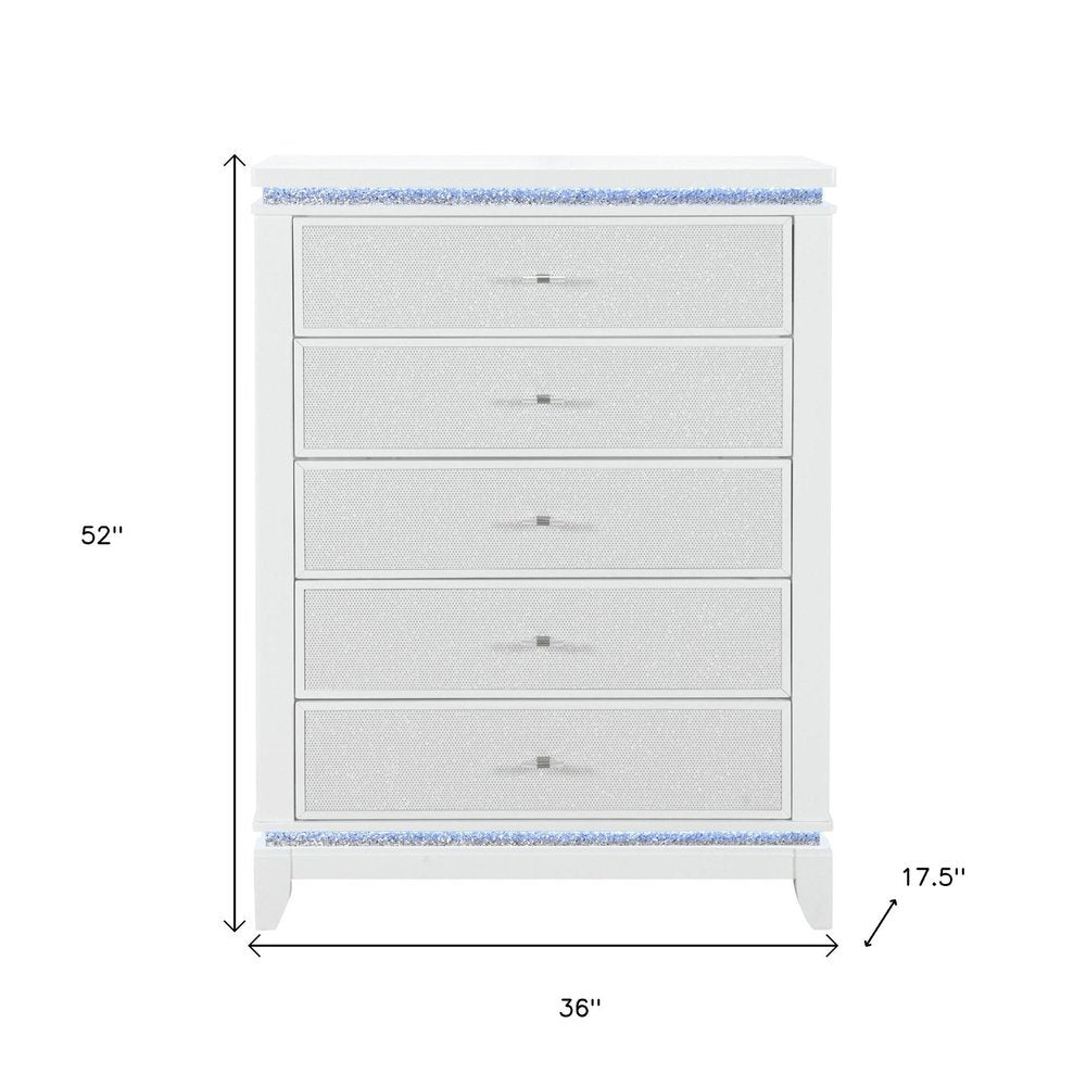 36" White Faux Crystal Glitter Wood Lighted Five Drawer Dresser HomeRoots