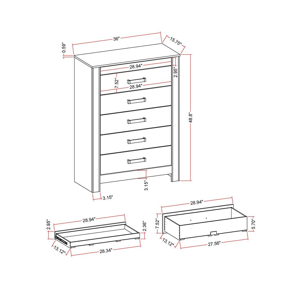 36" Silver Faux Crystal Bling Wood Five Drawer Dresser — view 9