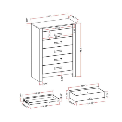 36" Silver Faux Crystal Bling Wood Five Drawer Dresser