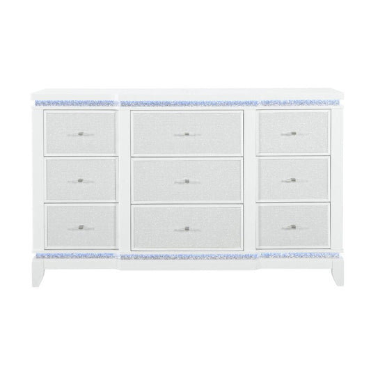62" White Faux Crystal Glitter Wood Lighted Nine Drawer Triple Dresser HomeRoots