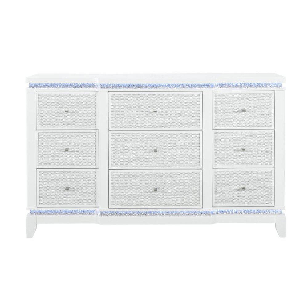62" White Faux Crystal Glitter Wood Lighted Nine Drawer Triple Dresser HomeRoots