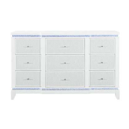 62" White Faux Crystal Glitter Wood Lighted Nine Drawer Triple Dresser HomeRoots