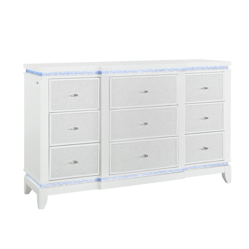 62" White Faux Crystal Glitter Wood Lighted Nine Drawer Triple Dresser HomeRoots