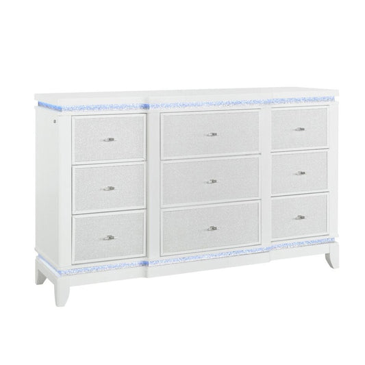 62" White Faux Crystal Glitter Wood Lighted Nine Drawer Triple Dresser HomeRoots