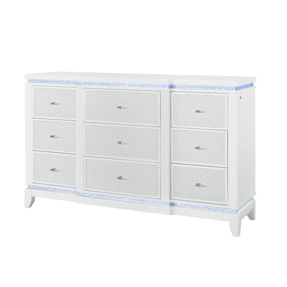 62" White Faux Crystal Glitter Wood Lighted Nine Drawer Triple Dresser HomeRoots
