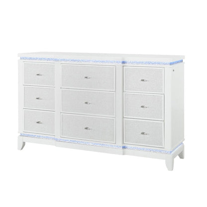 62" White Faux Crystal Glitter Wood Lighted Nine Drawer Triple Dresser HomeRoots
