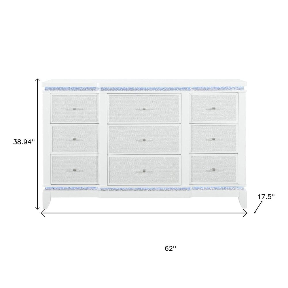 62" White Faux Crystal Glitter Wood Lighted Nine Drawer Triple Dresser HomeRoots