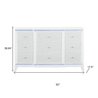 62" White Faux Crystal Glitter Wood Lighted Nine Drawer Triple Dresser HomeRoots
