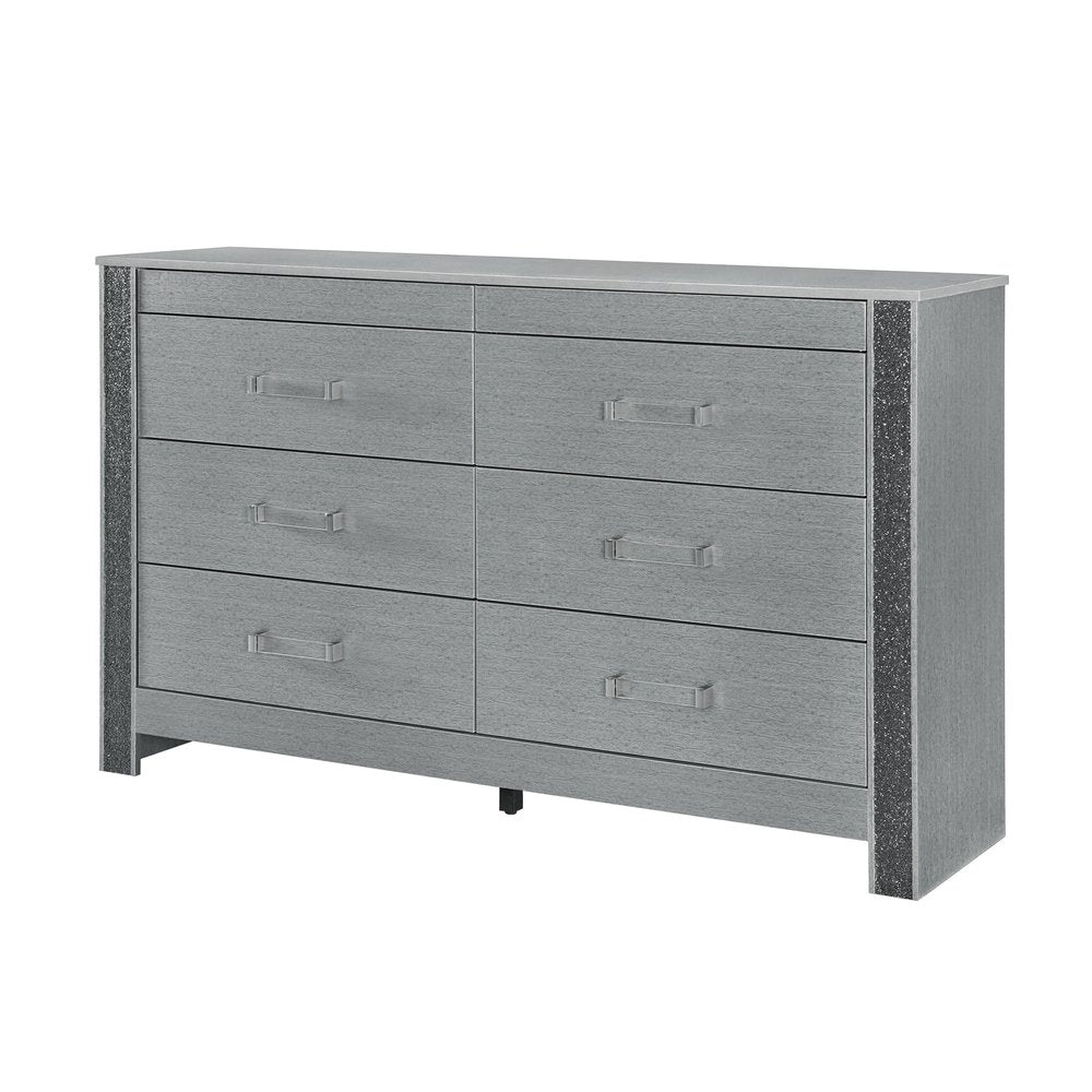 62" Silver Faux Crystal Bling Wood Six Drawer Double Dresser