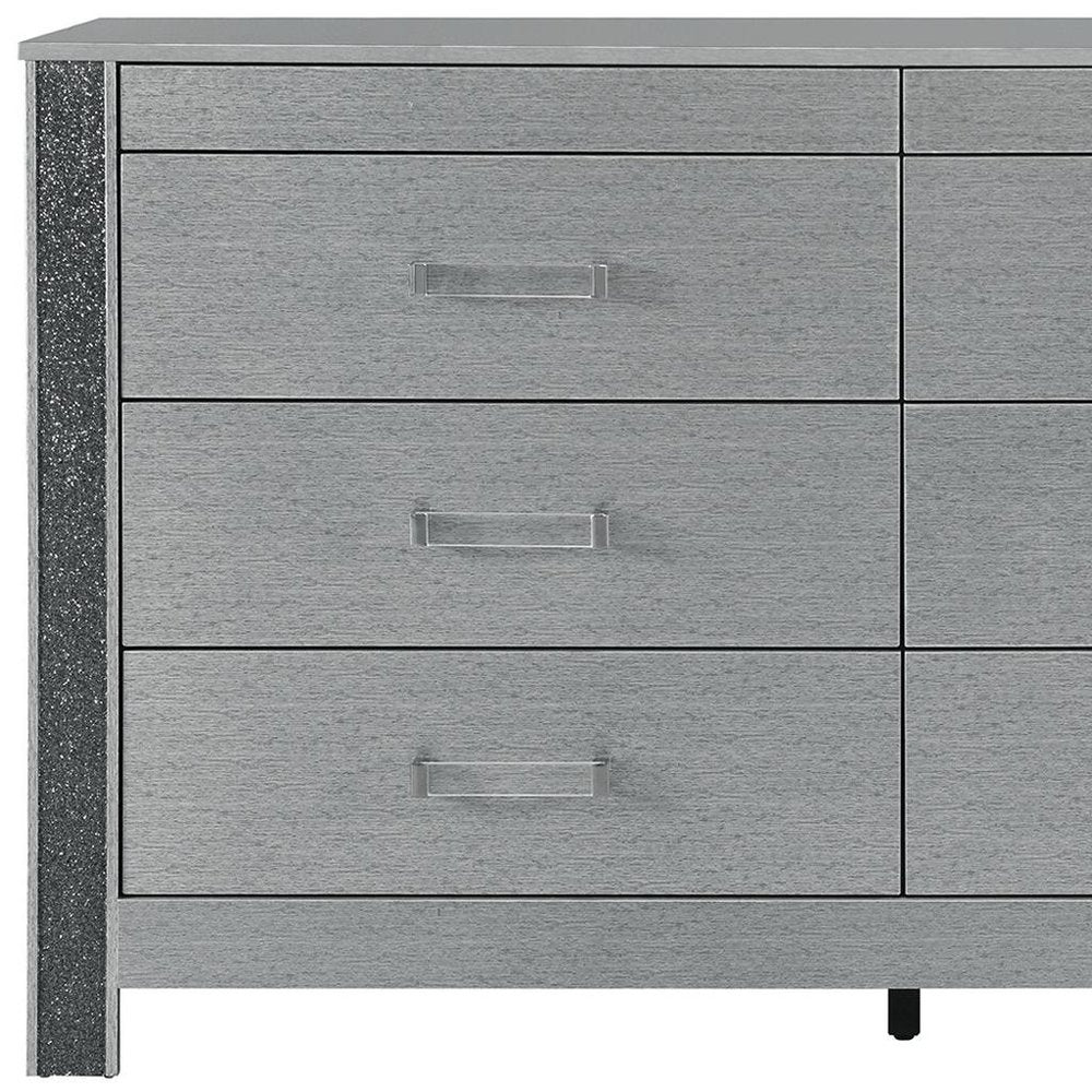 62" Silver Faux Crystal Bling Wood Six Drawer Double Dresser