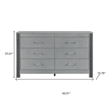 62" Silver Faux Crystal Bling Wood Six Drawer Double Dresser