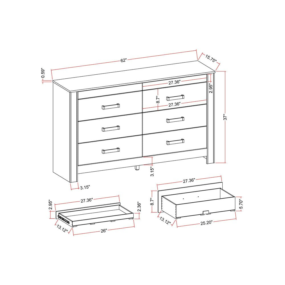 62" Silver Faux Crystal Bling Wood Six Drawer Double Dresser — view 11