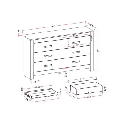 62" Silver Faux Crystal Bling Wood Six Drawer Double Dresser