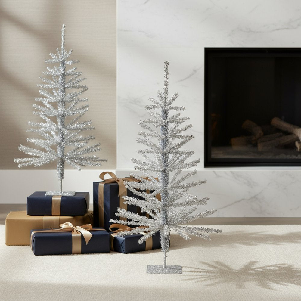 Set Of Two Silver Tinsel Sparse Pine Christmas Trees HomeRoots