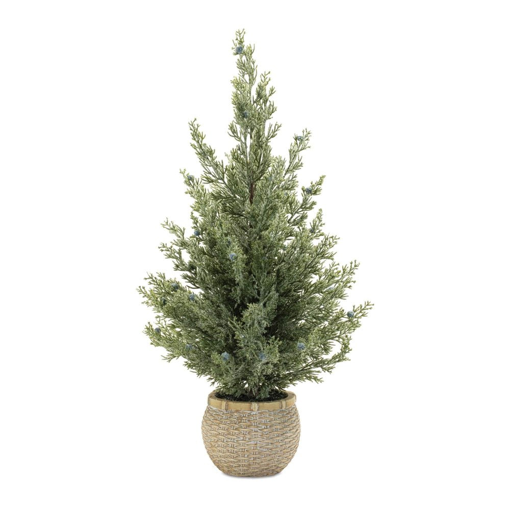 Set of Two 23" Green Artificial Pines In Round Faux Wicker Pots HomeRoots