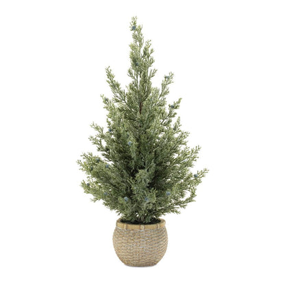 Set of Two 23" Green Artificial Pines In Round Faux Wicker Pots HomeRoots