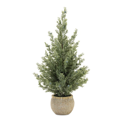 Set of Two 23" Green Artificial Pines In Round Faux Wicker Pots HomeRoots
