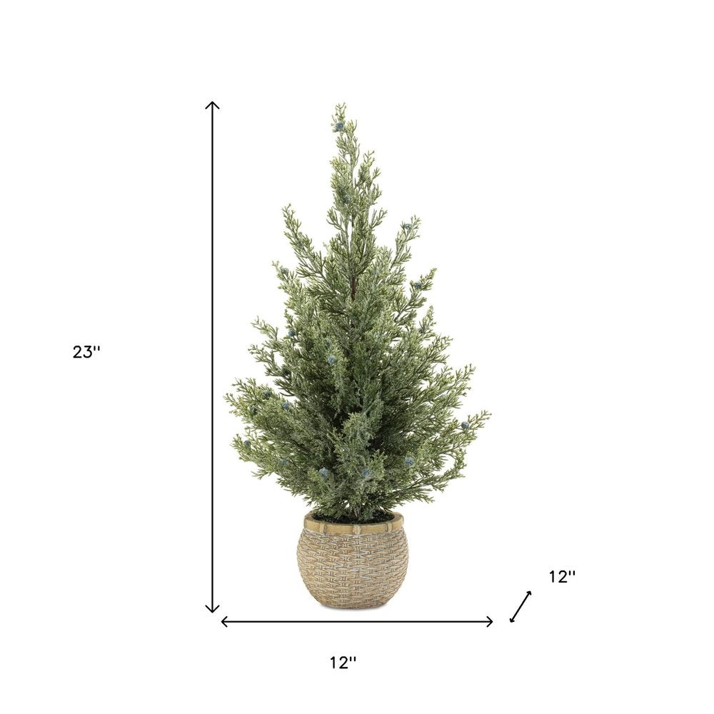 Set of Two 23" Green Artificial Pines In Round Faux Wicker Pots HomeRoots