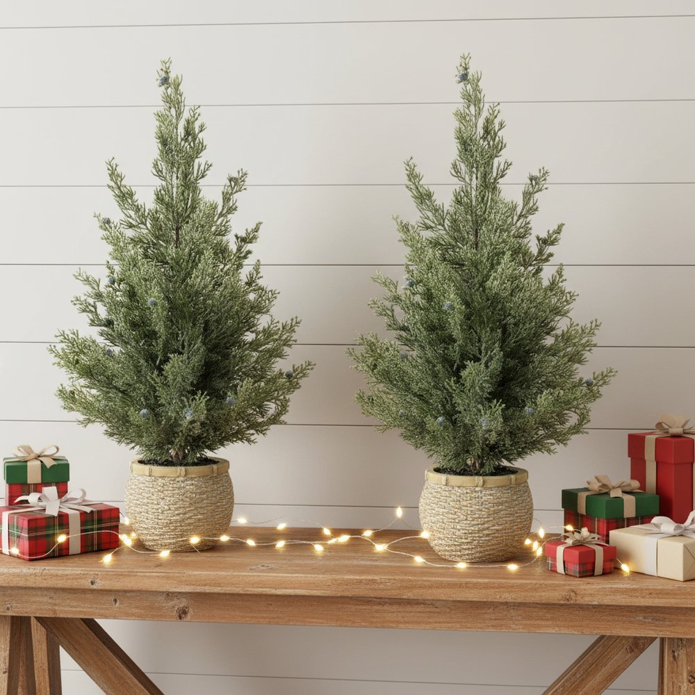 Set of Two 23" Green Artificial Pines In Round Faux Wicker Pots HomeRoots