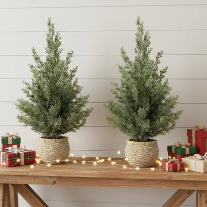 Set of Two 23" Green Artificial Pines In Round Faux Wicker Pots HomeRoots