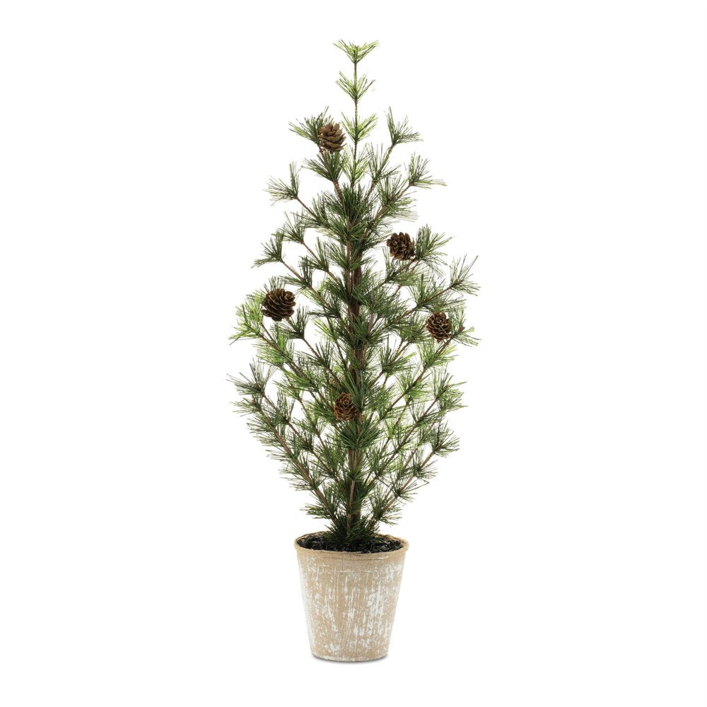24" Green And Brown Artificial Pine Tree In Round Brown Metal Pot