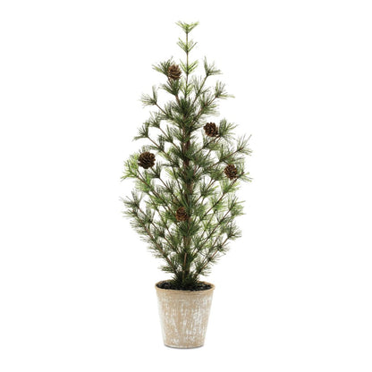 24" Green And Brown Artificial Pine Tree In Round Brown Metal Pot