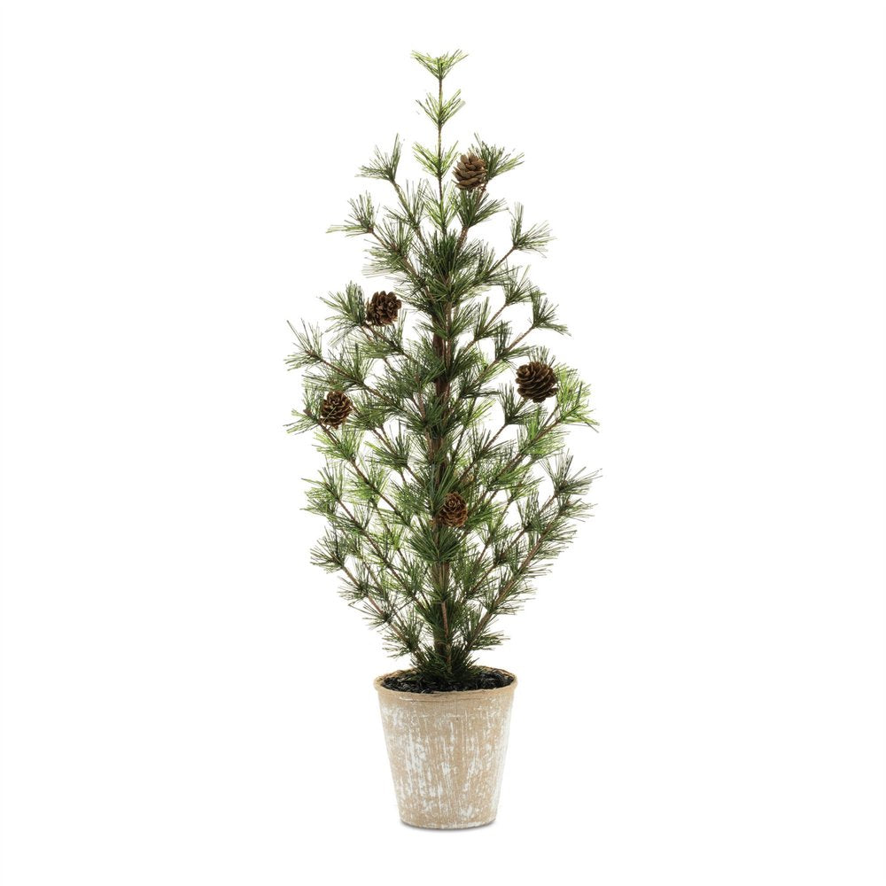 24" Green And Brown Artificial Pine Tree In Round Brown Metal Pot