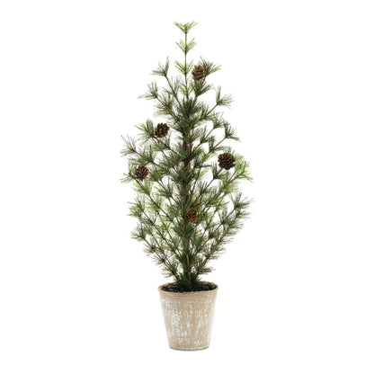 24" Green And Brown Artificial Pine Tree In Round Brown Metal Pot