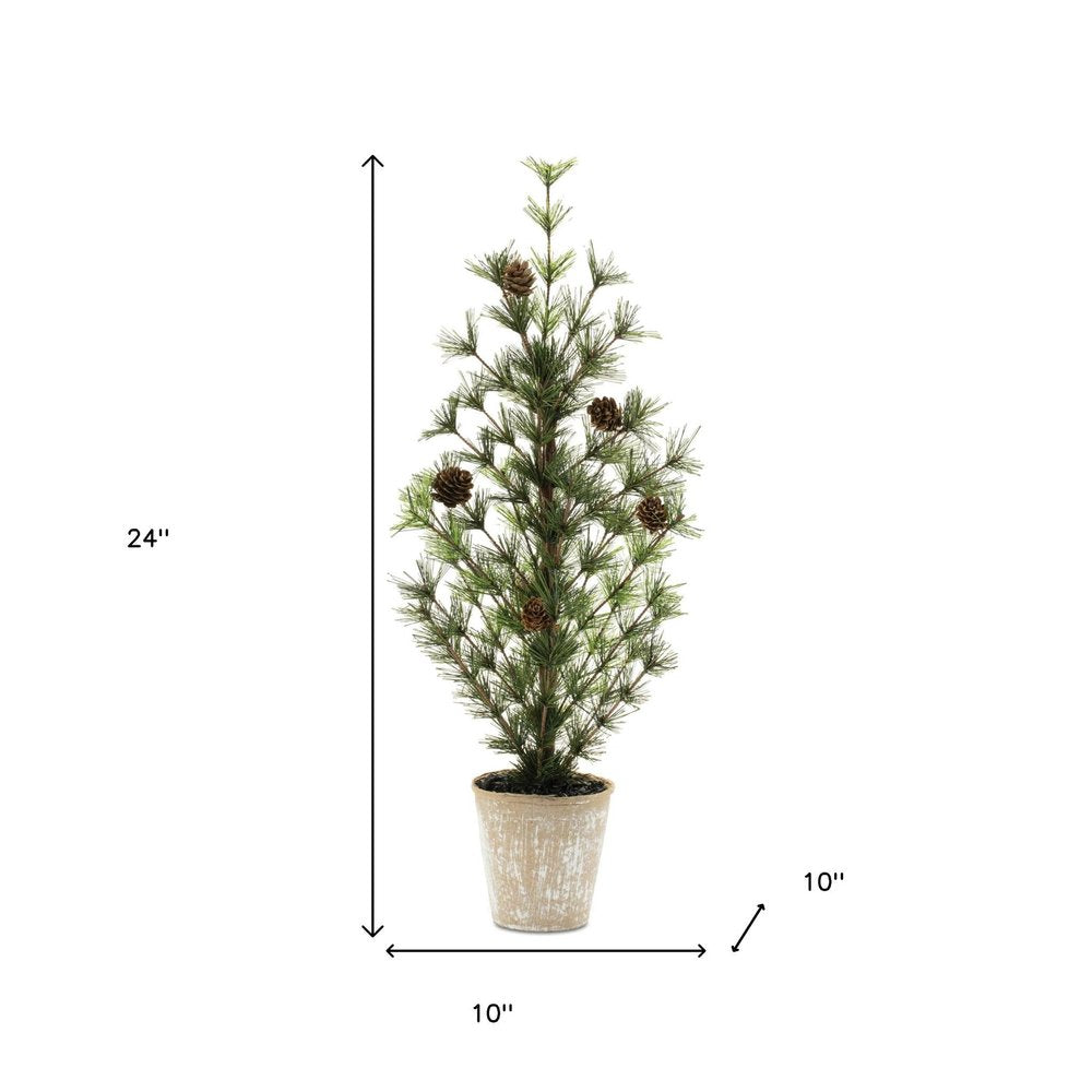 24" Green And Brown Artificial Pine Tree In Round Brown Metal Pot