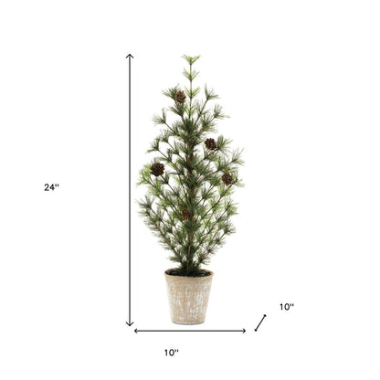 24" Green And Brown Artificial Pine Tree In Round Brown Metal Pot