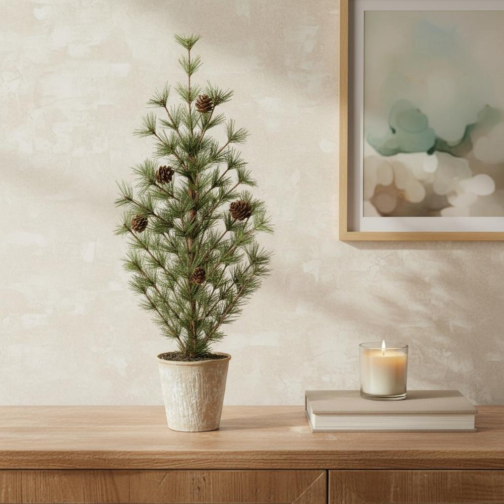 24" Green And Brown Artificial Pine Tree In Round Brown Metal Pot