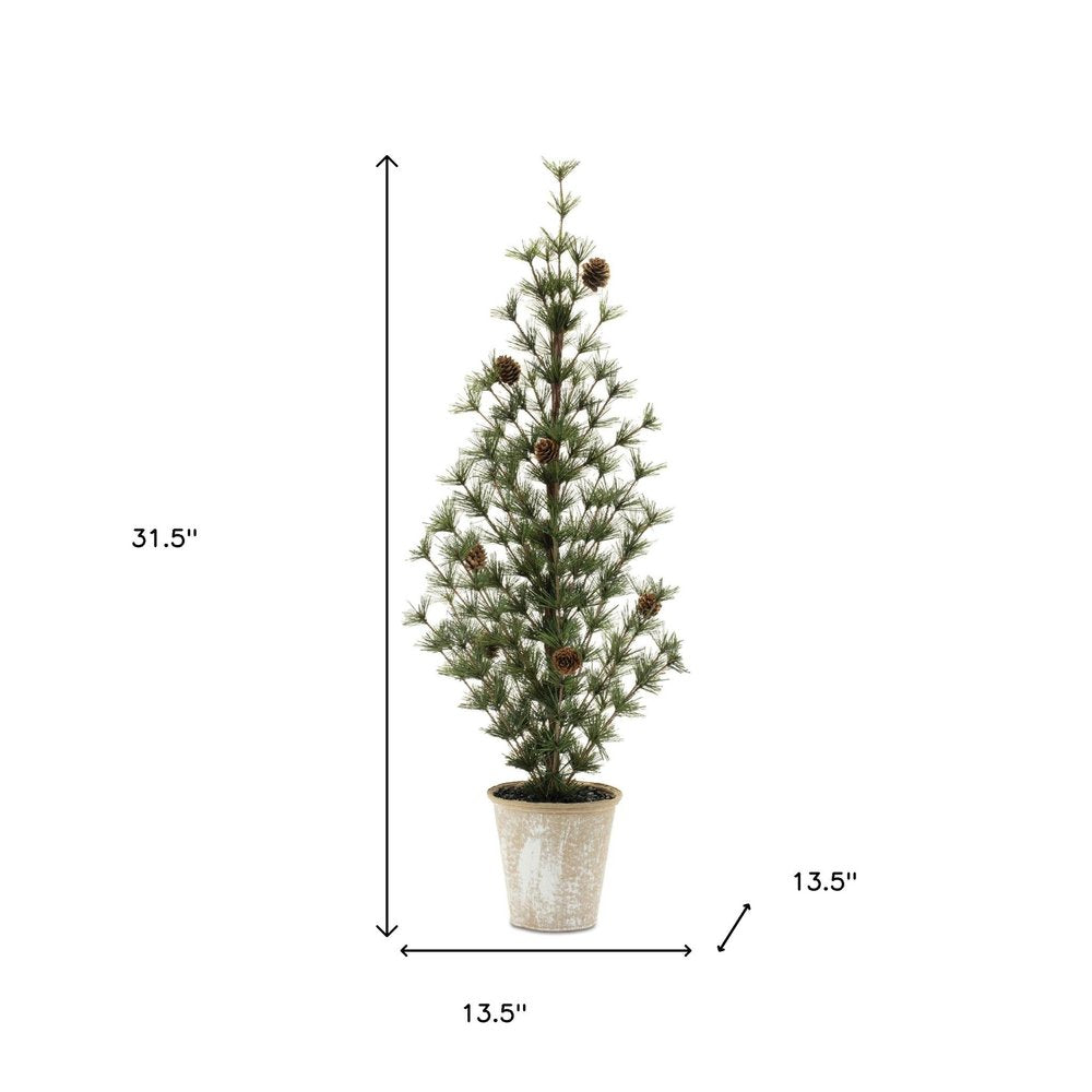 Set of Two 32" Mini Artificial Pine Trees With Pinecones In Rustic Brown Pots HomeRoots