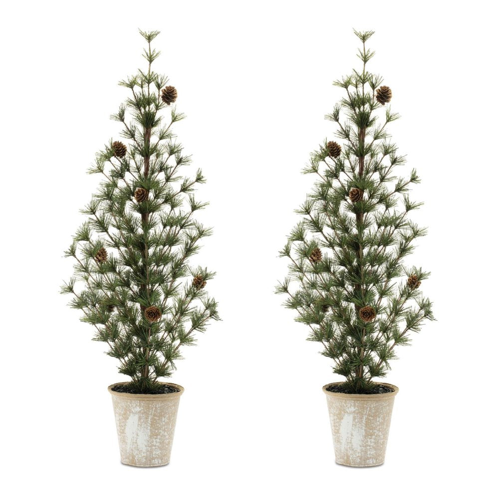 Set of Two 32" Mini Artificial Pine Trees With Pinecones In Rustic Brown Pots HomeRoots