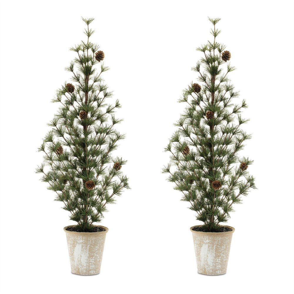 Set of Two 32" Mini Artificial Pine Trees With Pinecones In Rustic Brown Pots HomeRoots