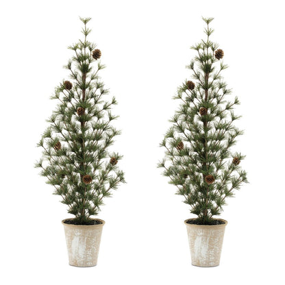 Set of Two 32" Mini Artificial Pine Trees With Pinecones In Rustic Brown Pots HomeRoots