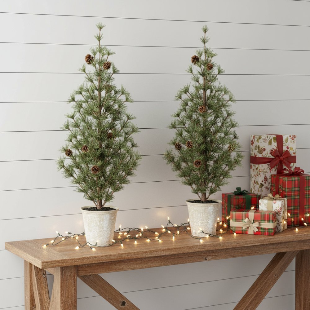 Set of Two 32" Mini Artificial Pine Trees With Pinecones In Rustic Brown Pots HomeRoots