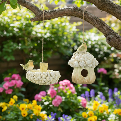 Set of Two Beige And Green Ceramic Birds Garden Art HomeRoots