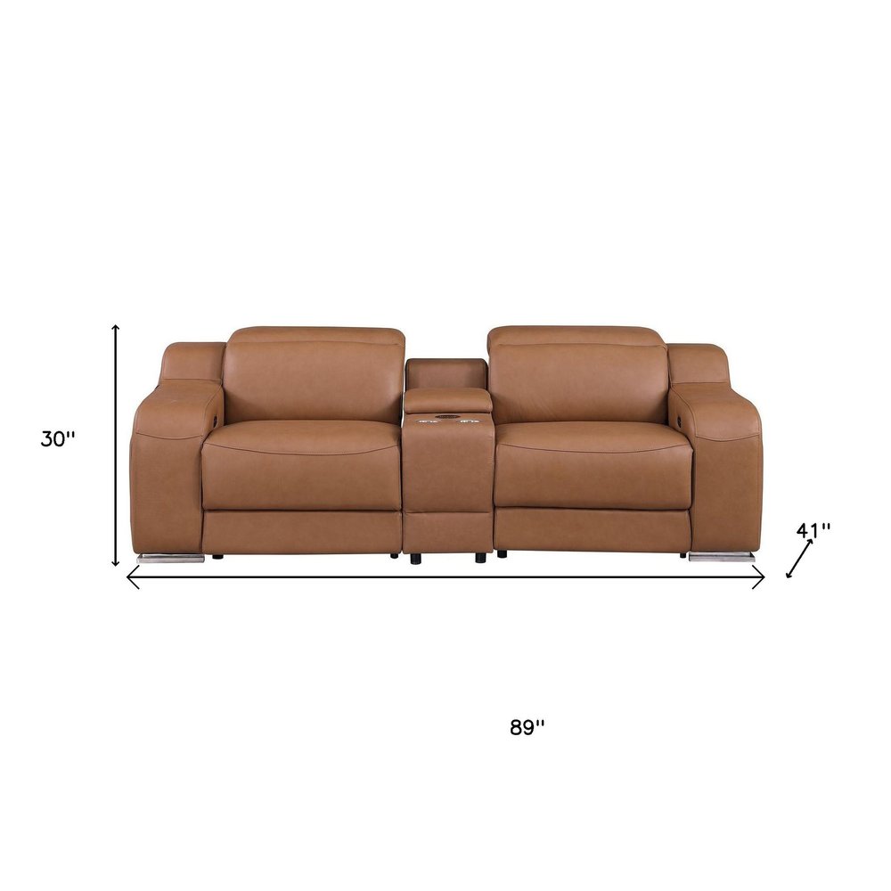 89" Cognac and Silver Italian Leather Power Reclining Loveseat With Storage — view 1